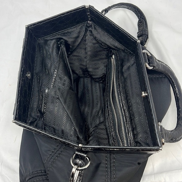 PRADA BLACK NYLON JACQUARD CROCODILE TRIM LARGE SHOPPING SHOULDER BAG - Picture 15 of 16